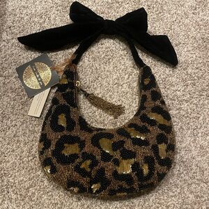 Viral TikTok Leopard Print Beaded Shoulder Bag with Velvet Bow Handle New W/Tags